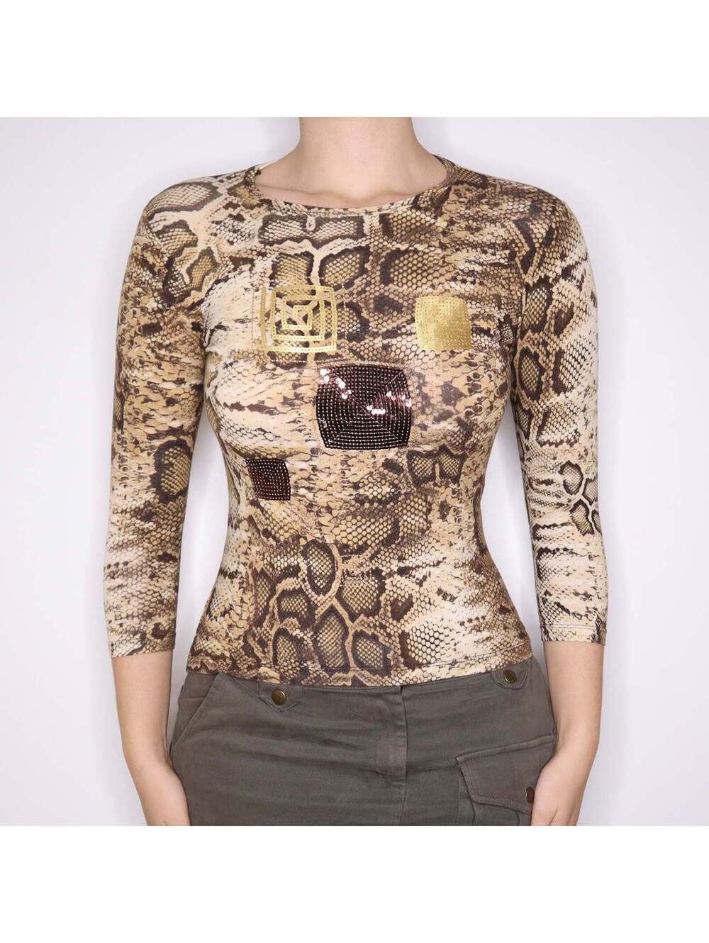 Y2K Italian Brown Snakeskin Print Sequin Top (S/M)